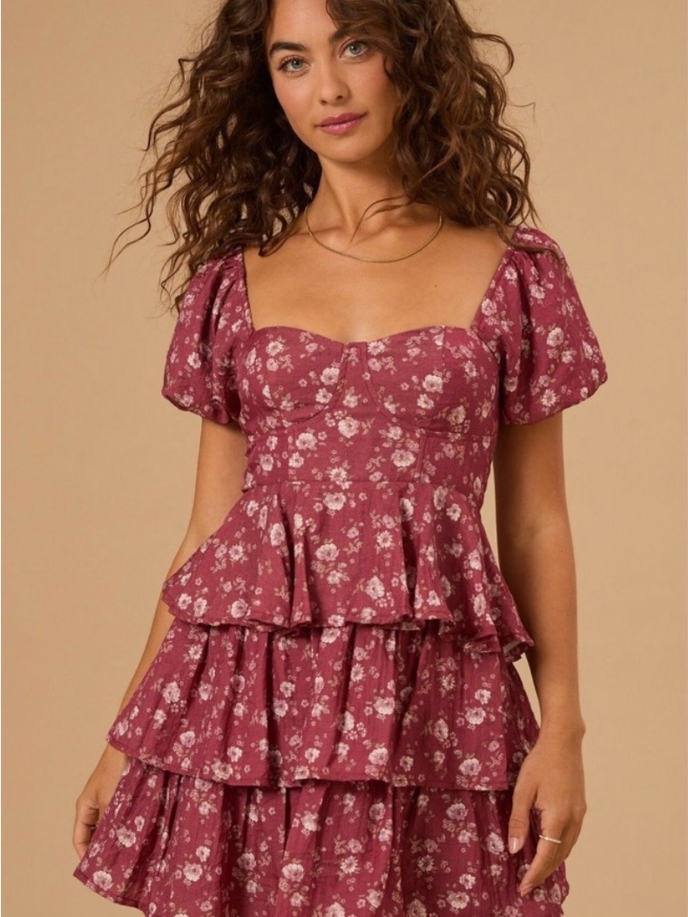 Altar'd State Dusty Rose Floral Tiered Mini Dress